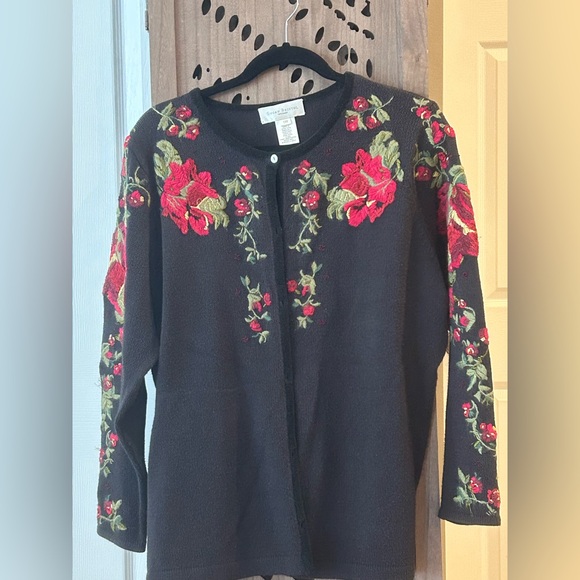 Vintage 90s Cottagecore Black Hand Embroidered Cardigan - Picture 1 of 3